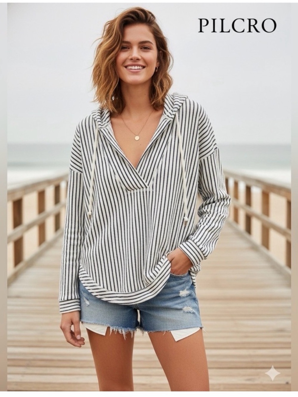 Pilcro Black and White Striped V-Neck Hoodie